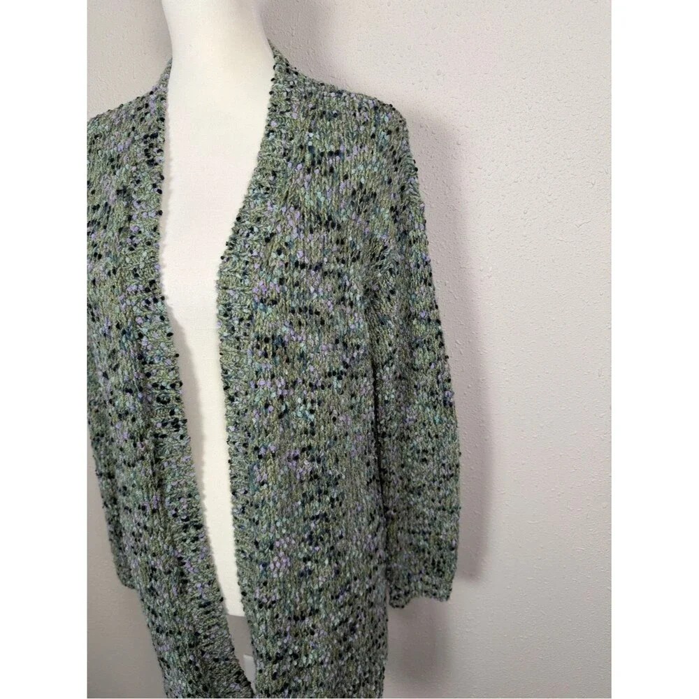 J. Jill Open Front Cardigan Sweater Green Speckled Knit Cozy Layer Women XS